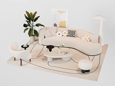 Modern Curved Sofa And Coffee Table Set With Plant Floor Lamp Throw Pillows And Rug 3d model