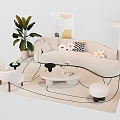 Modern Curved Sofa And Coffee Table Set With Plant Floor Lamp Throw Pillows And Rug