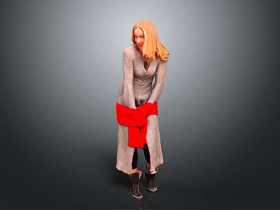 Woman with blonde hair in gray long dress holding red clothing against gray background 3d model