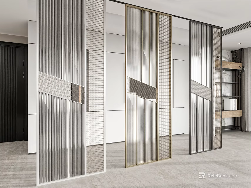 Modern Room Divider Design With Metal Frame Striped Panels And Geometric Patterns 3d model 