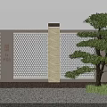 White Building Exterior Wall With Honeycomb Pattern Beige Decorative Strip And Pine Tree 3d model