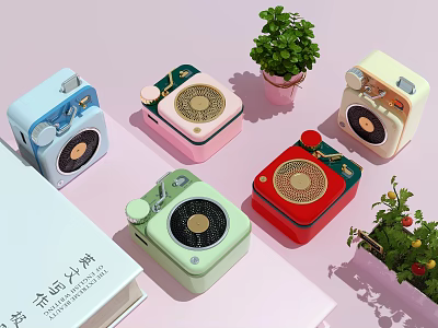Vintage Style Small Speakers in Multiple Colors with Retro Design and Green Plants 3d model