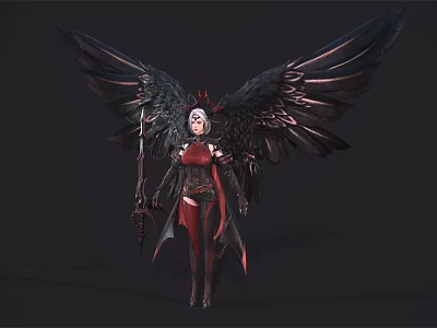 Dark Fantasy Game Movie Character With Black Wings White Hair Red Outfit And Spear 3d model