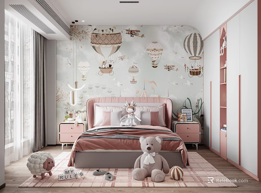 Cozy Kids Room Interior With Hot Air Balloon Wallpaper Pink Bed And Stuffed Toys 3d model 