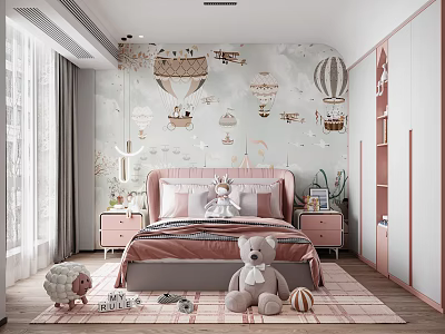Cozy Kids Room Interior With Hot Air Balloon Wallpaper Pink Bed And Stuffed Toys 3d model