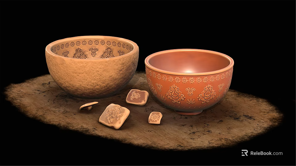Traditional Carved Pattern Tableware Set With Ceramic Bowls And Small Square Coasters 3d model 