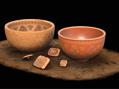 Traditional Carved Pattern Tableware Set With Ceramic Bowls And Small Square Coasters 3d model