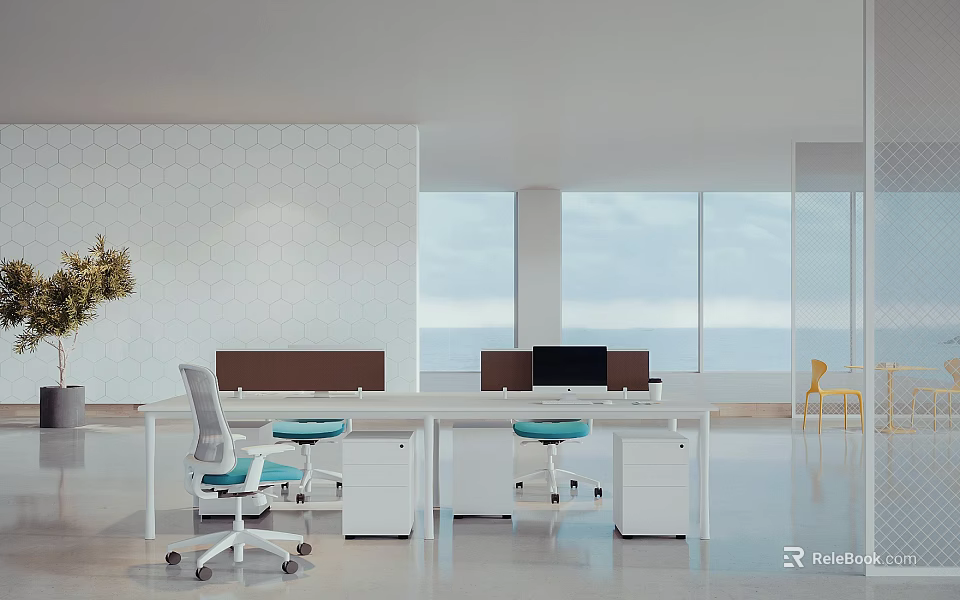 Modern Public Office Space With White Desks Blue Cushion Chairs And Sea View Windows 3d model 