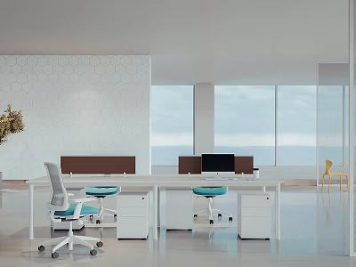 Modern Public Office Space With White Desks Blue Cushion Chairs And Sea View Windows 3d model
