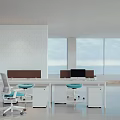 Modern Public Office Space With White Desks Blue Cushion Chairs And Sea View Windows