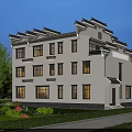 Chinese Style Detached Villa Exterior Design With Three Story Structure Illuminated Windows And Greenery Surroundings