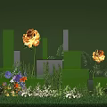 Decorative Floral Display with Green White Cubes Orange Flowers and Colorful Garden Plants