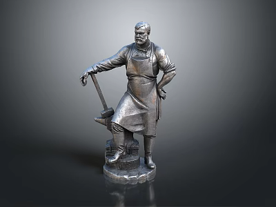 Detailed Silver Metal Blacksmith Sculpture Standing With Apron Hammer And Anvil 3d model