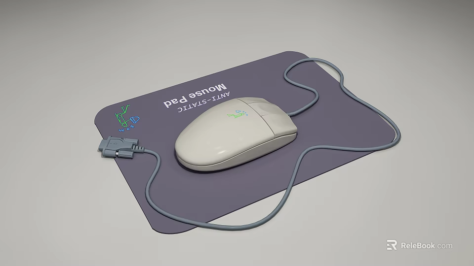 White Computer Mouse With Cable On Gray Series Mouse Pad Design 3d model