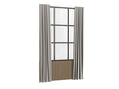 Gray Curtains With Vertical Bar Window And Wooden Base Home Decor 3d model