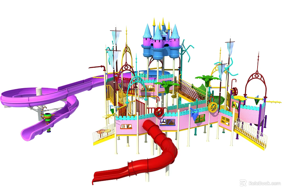 Colorful Castle Themed Playground Equipment With Pink Purple Slides And Multi Level Structure 3d model 