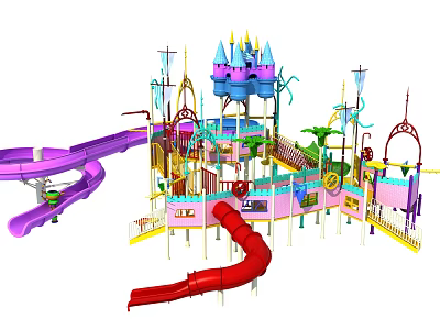 Colorful Castle Themed Playground Equipment With Pink Purple Slides And Multi Level Structure 3d model