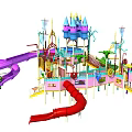 Colorful Castle Themed Playground Equipment With Pink Purple Slides And Multi Level Structure
