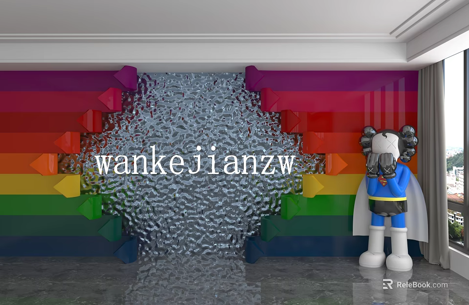 Rainbow Colored Background Wall With Silver Reflective Panels Geometric Decor And Cartoon Figure 3d model 
