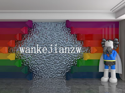 Rainbow Colored Background Wall With Silver Reflective Panels Geometric Decor And Cartoon Figure 3d model