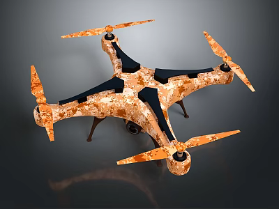Camouflage Orange Black Four Rotor Drone With Propellers And Landing Gear 3d model