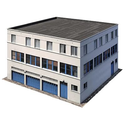 Two Story Industrial Building With White Exterior Blue Doors Gray Roof And Windows 3d model