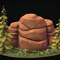 Rocky Mine Entrance Scene with Rail Tracks Mine Cart Blue Flame Torches and Pine Trees