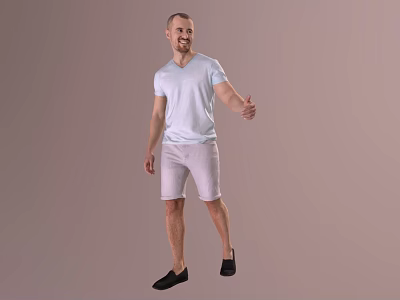 Smiling Man In Light Blue V Neck T Shirt Light Gray Shorts Giving Thumbs Up 3d model