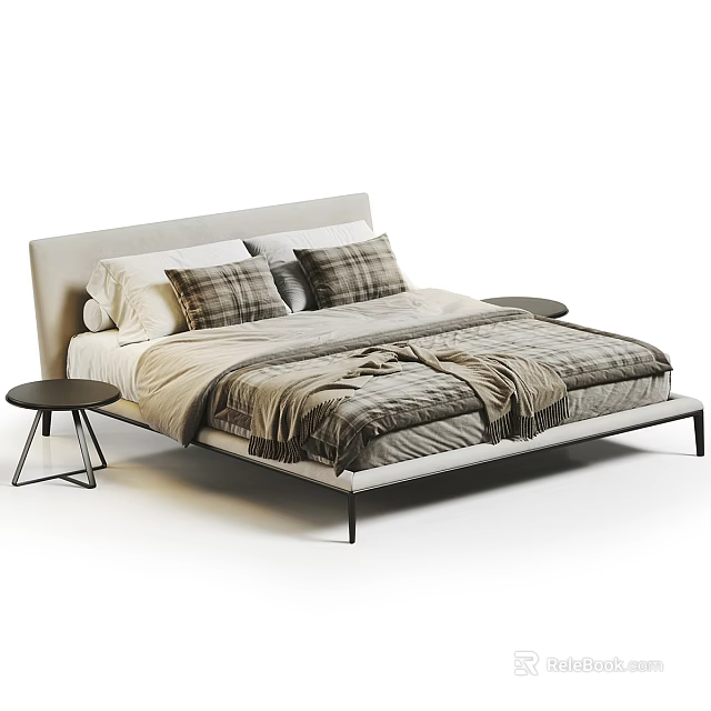 Modern Minimalist Double Bed With Soft Pillows Plaid Blanket And Bedside Tables 3d model 