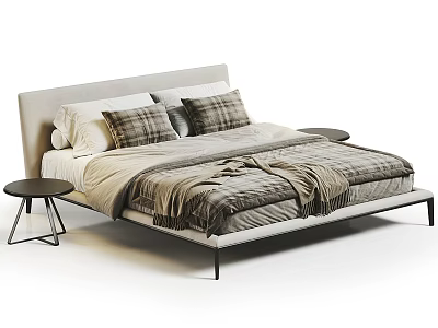 Modern Minimalist Double Bed With Soft Pillows Plaid Blanket And Bedside Tables 3d model