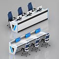Modern Console Workstation Setup With Blue Ergonomic Chairs And Computer Screens