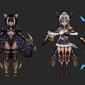 Diverse Game Characters Featuring Animal Ears Unique Costumes and Weapons 3d model