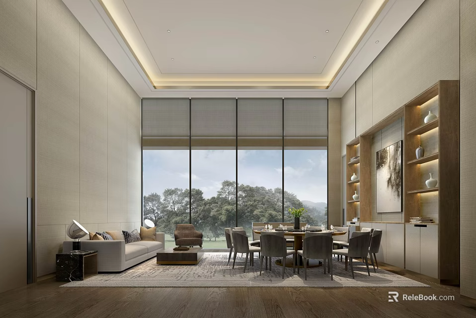 Modern Elegant Private Box Interior With Large Windows Green Trees View And Comfortable Sofa 3d model