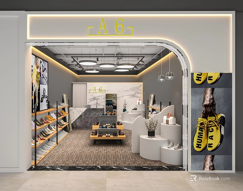 A6 Modern Shoe Store Interior With Shoe Displays Shelves And Lighting 3d model 
