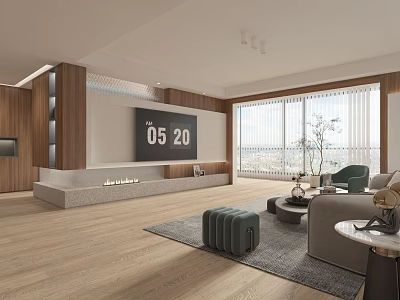 Modern Living Room Interior With Wooden Elements Large Screen TV And Floor to Ceiling Windows 3d model