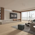 Modern Living Room Interior With Wooden Elements Large Screen TV And Floor to Ceiling Windows