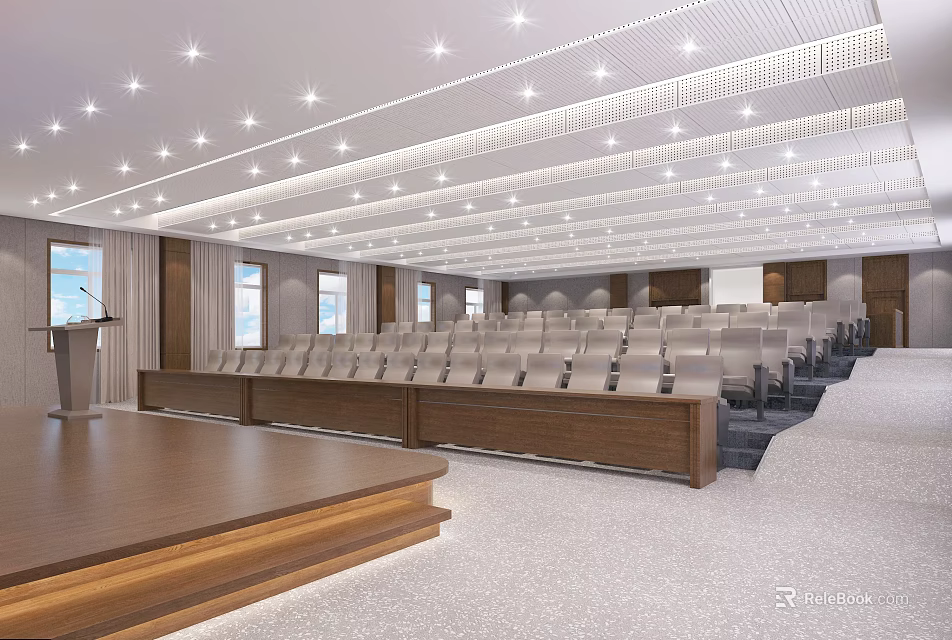 Modern Conference Room Interior With Theater Style Seats Wooden Podium And Ceiling Lights 3d model 