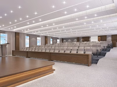 Modern Conference Room Interior With Theater Style Seats Wooden Podium And Ceiling Lights 3d model