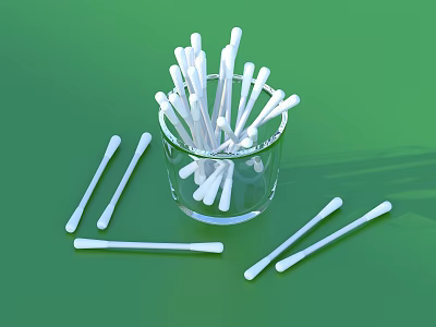 White Cotton Swabs in Transparent Glass Cup and Scattered on Green Background 3d model
