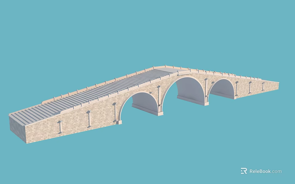 Classic Stone Arch Bridge With Three Arches And Stone Slab Deck Structure 3d model 