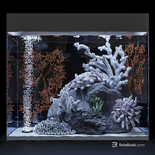 Clear Glass Aquarium Tank With Decorative White Corals Orange Corals And Natural Rocks 3d model 