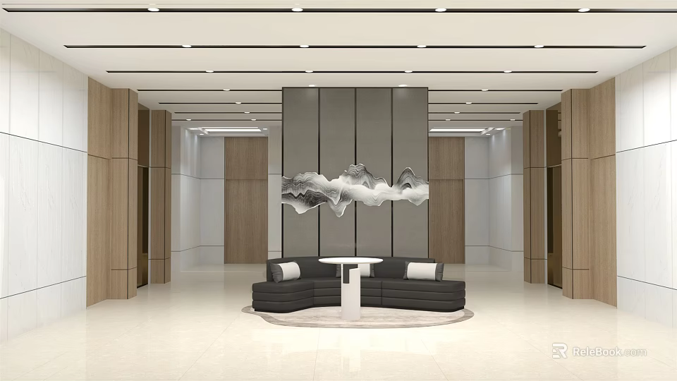 Modern Reception Area Featuring Front Desk Sofa Seating Decorative Artwork Wooden Walls And Modern Lighting 3d model 