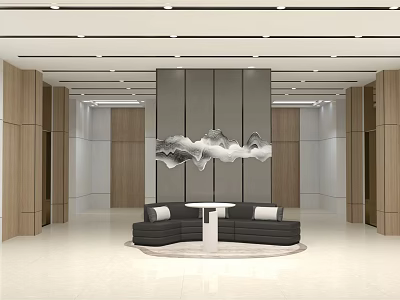 Modern Reception Area Featuring Front Desk Sofa Seating Decorative Artwork Wooden Walls And Modern Lighting 3d model