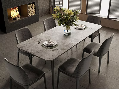 Modern Six Seater Dining Table Set With Gray Marble Top Velvet Chairs And Floral Centerpiece 3d model