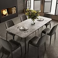 Modern Six Seater Dining Table Set With Gray Marble Top Velvet Chairs And Floral Centerpiece