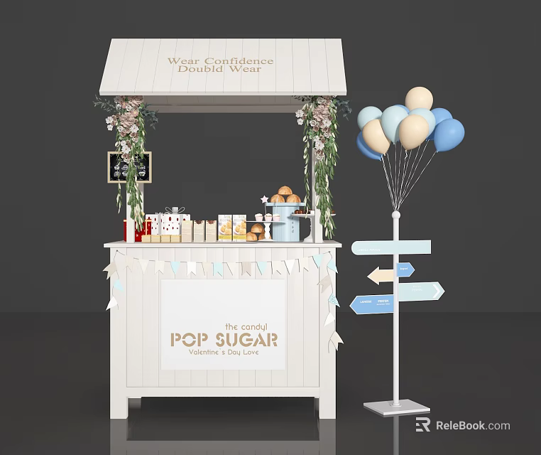 White Waffle Confections Booth With Chocolate Waffles Balloons And Pop Sugar Signpost 3d model 