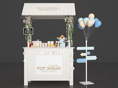 White Waffle Confections Booth With Chocolate Waffles Balloons And Pop Sugar Signpost 3d model