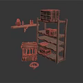 Rustic Wooden Furniture Set With Shelf Crate Baskets Clay Pot Small Bottles And Rope