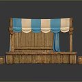 Wooden Market Stall With Blue White Striped Awning Platform And Crates