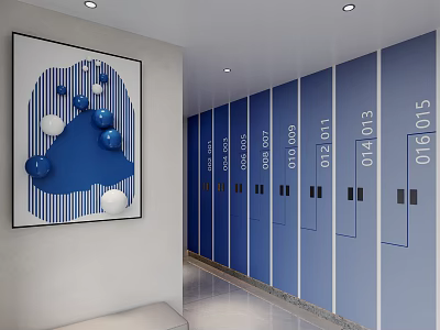 Kids Desk In Children's Activity Room With Blue Numbered Lockers And Decorative Painting 3d model